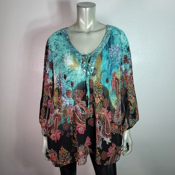 Dressbarn Peasant Top Plus Size 1X  Paisley Tie Neck 3/4 Sleeve Sheer Blue‎ - Picture 2 of 6